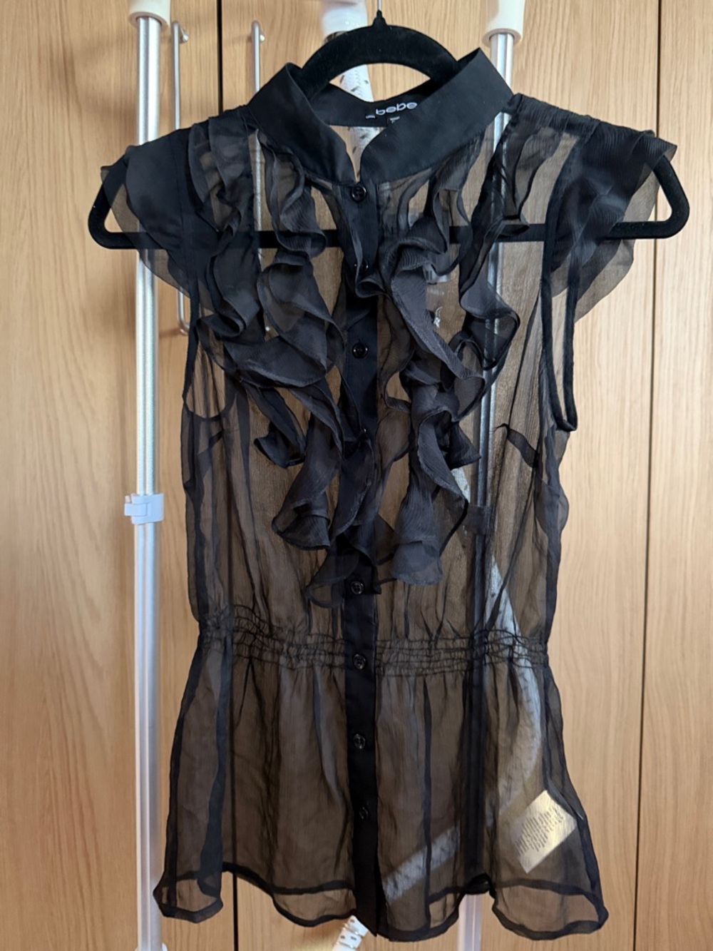 bebe Black Sheer Ruffle Cap-Sleeve Blouse